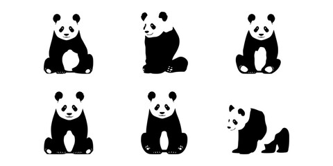 Black panda silhouette set. Giant panda bear silhouette vector illustration. Panda animal isolated on white background clipart bundle. Panda collection. © Salma
