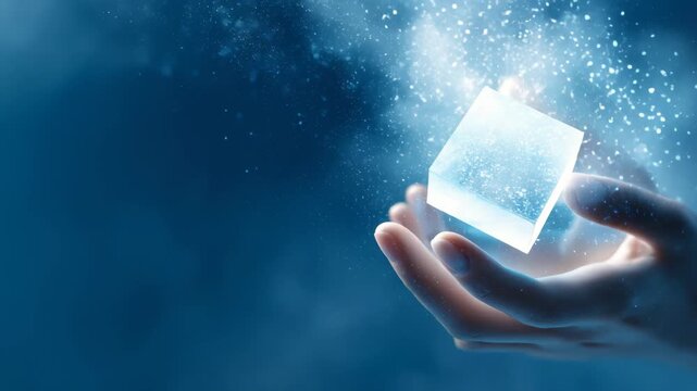 60 FPS Glowing transparent cube hovering above human hand with swirling sparkling particles