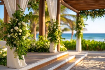 Tropical Beachfront Wedding Stage with Flowing Sheer Drapes and Lush Floral Arrangements