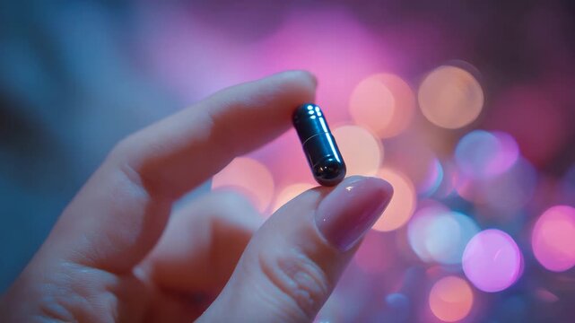 AI Generated Macro Shot of Capsule Pill with Colorful Bokeh Lights