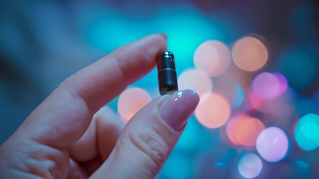 AI Generated Macro Shot of Capsule Pill with Colorful Bokeh Lights