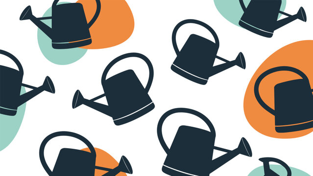 Modern seamless pattern featuring dark blue watering can silhouettes paired with abstract organic shapes in teal and orange.