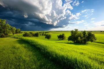 Fototapeta premium Expansive Prairie Landscape Under Darkening Sky with Advancing Supercell Storm Clouds
