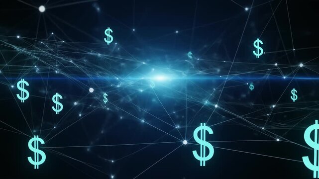 Glowing financial network with dollar nodes background animation