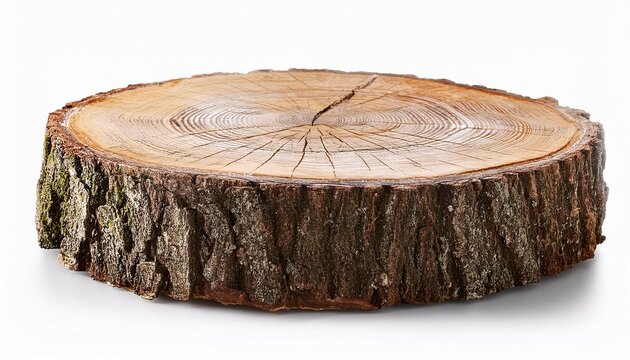 cut tree stump with bark isolated on white background