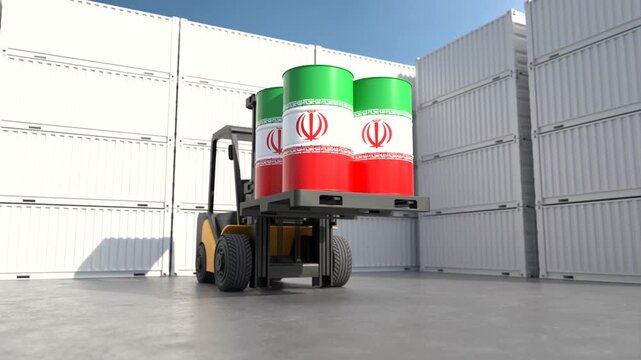 Oil drums with Iran flag in industrial shipping container port. 3D Render