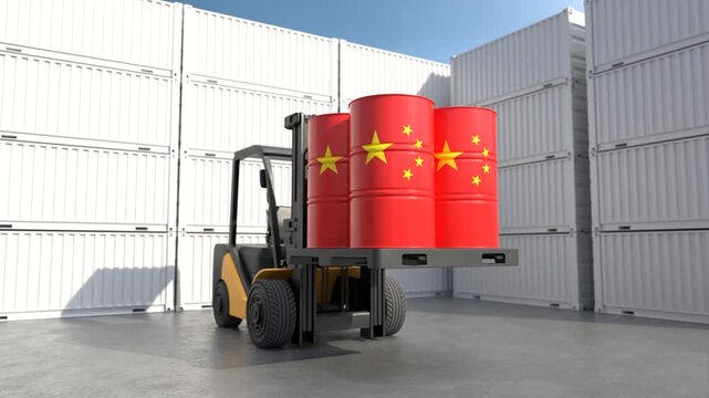 Forklift transporting China oil barrels at cargo container terminal. 3D Render