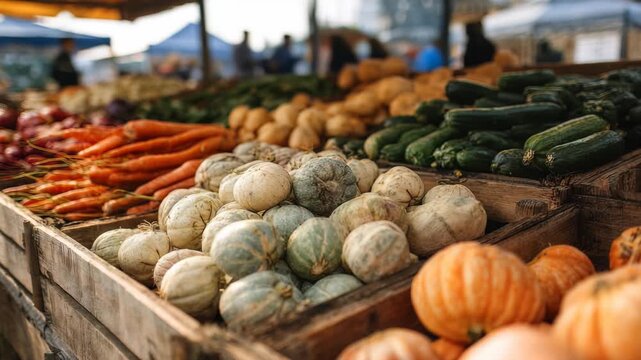 Fresh organic vegetables displayed in rustic wooden crates at a vibrant outdoor farmers market. Colorful produce including carrots, squash, and zucchini create a lively seasonal scene