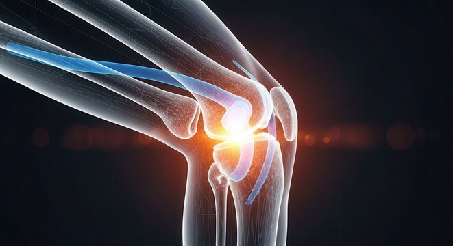 Detailed anatomical illustration of a human knee joint with glowing pain or inflammation, highlighting the bones and ligaments in a medical context.