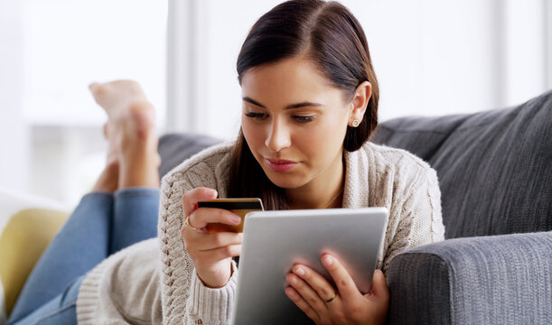 Internet, credit card or woman in lounge, tablet or digital app for password, transaction or banking. Home, ecommerce or person on sofa, purchase or fintech for online shopping or website for savings
