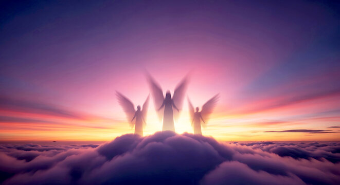 Three angelic figures ascend from clouds in a breathtaking rapture heaven scene at sunset