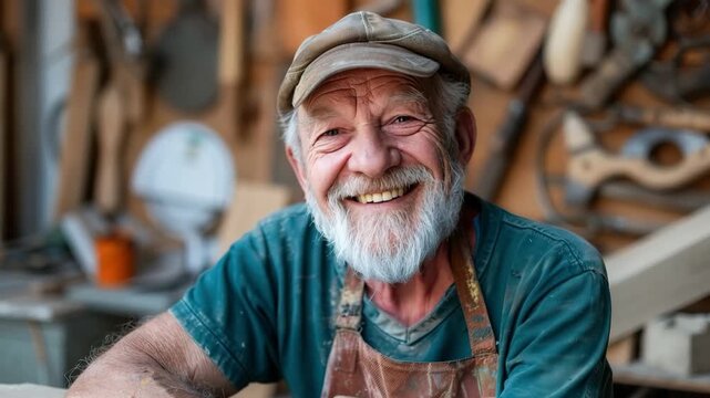 An elderly man sits in his workshop, focused on his craft. He wears a hat and apron, surrounded by various wooden tools and crafted pieces. His expression shows experience and dedication