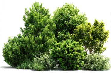 Obraz premium Grouping of various green leafy bushes and small trees against a white background