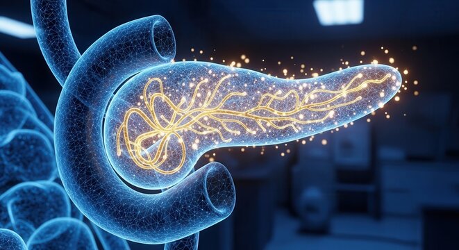Detailed scientific illustration of a glowing human pancreas with intricate internal structures highlighted in gold, set against a blurred medical background.