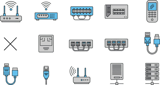 Computer Network Hardware Icons Vector Set Featuring Router, Switch, Ethernet Cable, Server Rack, Modem and Wireless Connectivity Technology Symbols.