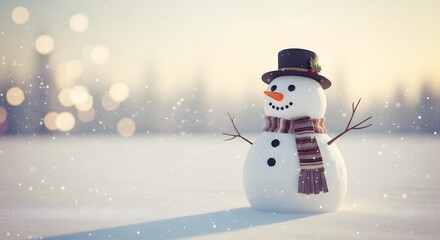 Obraz premium Happy snowman standing on snowy field