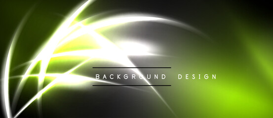 Bright neon lines create abstract energy flow. Green, yellow hues dominate dark background. Modern design element.