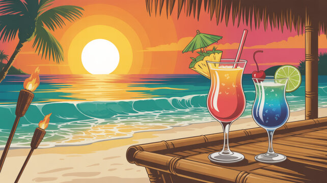 Two colorful cocktails on a beach table at sunset with palm trees and tiki torches