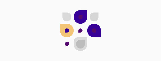 Fototapeta premium Abstract shapes, purple, gray, yellow dots form cluster. Minimalist design, clean background, simple composition.