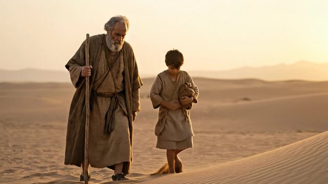 Abraham walking with young Isaac through golden desert sand dunes at sunset representing faith obedience and the sacred covenant journey between God and his chosen people