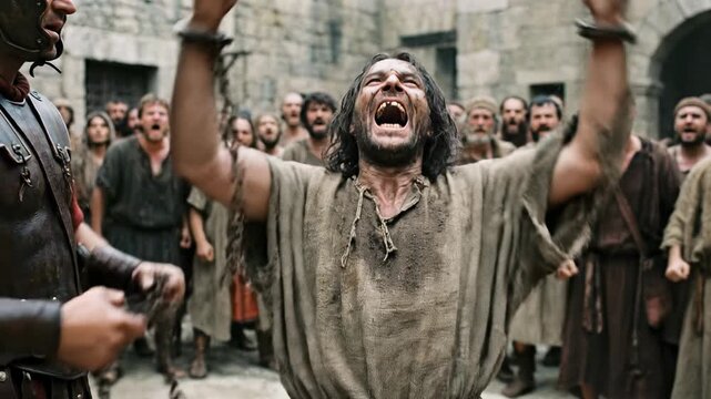 Barabbas released and celebrating with raised arms among crowd in Jerusalem street during passion of Christ depicting biblical injustice freedom and the dramatic reversal of divine justice