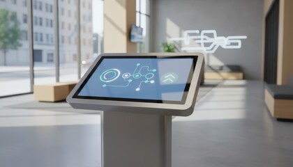 Fototapeta premium Medium shot of a touchscreen pedestal credit card application kiosk with the main screen in sharp focus showcasing an easy digital interface in a modern bank branch.