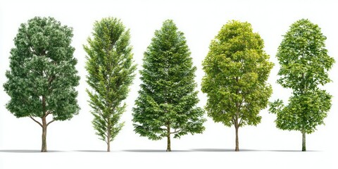 Obraz premium Five diverse trees, isolated on white background, showcasing varying leaf shapes and colors
