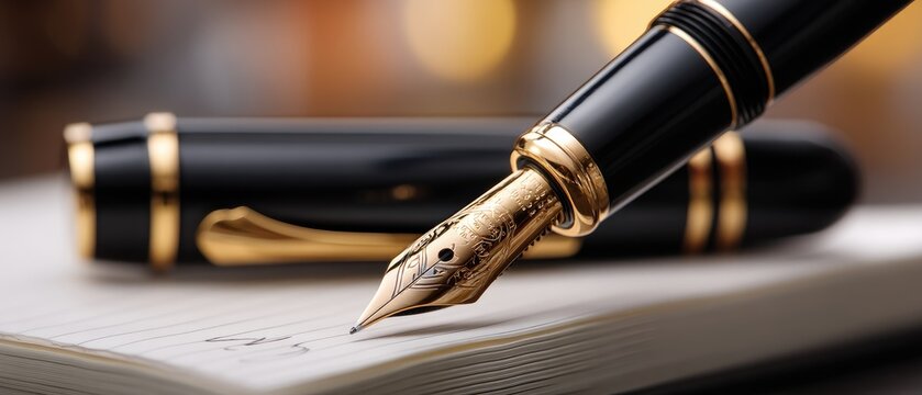 Close-up of fountain pen writing signature ad mortem on white paper with focus on details and blank space for notes and designs