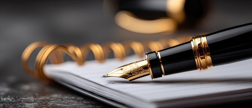Close-up of a fountain pen writing ad mortem on white paper with copy space for business design elements in a simple workspace setting