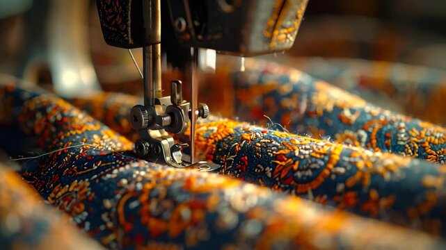 A sewing machine's needle pierces fabric with an ornate orange/blue pattern