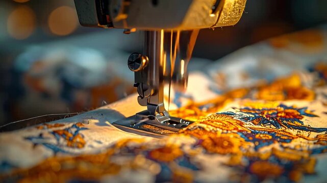 Close-up of a sewing machine stitching patterned fabric, golden light