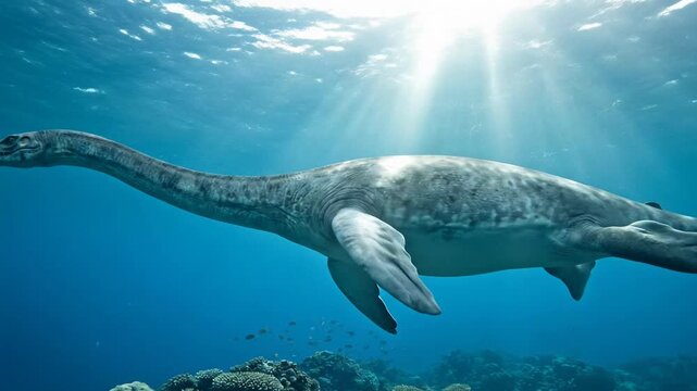 Ancient plesiosaur swimming underwater in sunlit ocean depths representing prehistoric marine predator dinosaur era and the mysterious creatures of biblical Leviathan and deep sea mythology