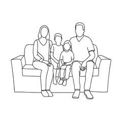 Minimalist line art illustration portraying a happy family of four sitting together on a comfortable sofa at home.