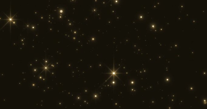 christmas digital glitter sparks golden stars particles bokeh flowing on gold background, holiday festive happy new year