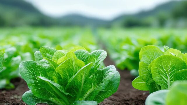 60 FPS low angle dolly through romaine lettuce rows in fertile field with mountains bokeh