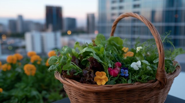 Rooftop garden harvest basket filled with just-picked arugula, Swiss chard, and edible flowers, hyperlocal greens from urban agriculture space with city skyline background, ideal for rooftop
