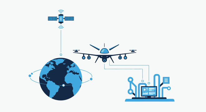 Fixed-wing unmanned aerial vehicle connects to a global network via a satellite orbiting the blue Earth schematic.