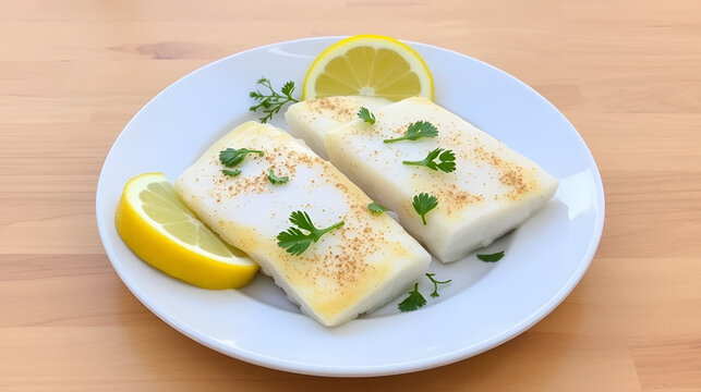 Lemon and parsley enhanced haddock fillets artfully arranged on plate