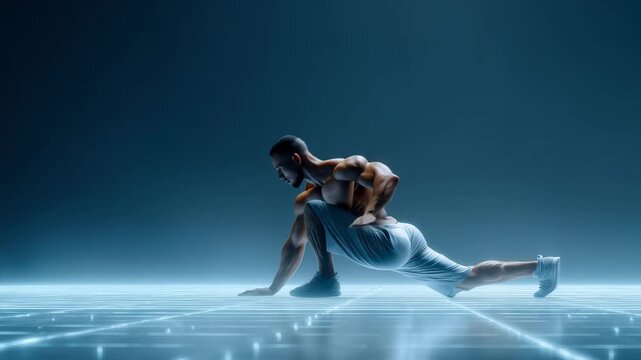 60 FPS Athletic man transitions from deep lunge to floor stretch on glowing grid studio set