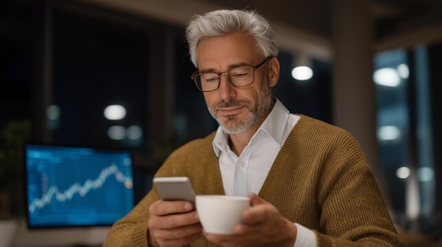 Nervous investor watching volatile premarket stock futures on mobile device while drinking morning coffee in kitchen at dawn, market opening anxiety, ideal for trading psychology, volatility