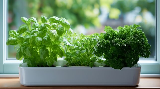 Windowsill herb garden providing fresh basil, cilantro, and parsley clippings for immediate cooking use, hyperlocal seasoning grown mere steps from stove, ideal for kitchen herbs, fresh