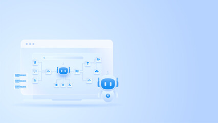 AI chatbot agent interface with workflow automation system and robot assistant on minimal light blue technology.