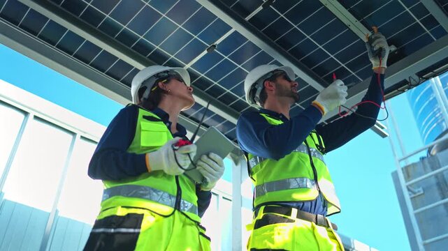 Engineering team measuring solar panel system performance and recording data using digital devices on a modern rooftop facility