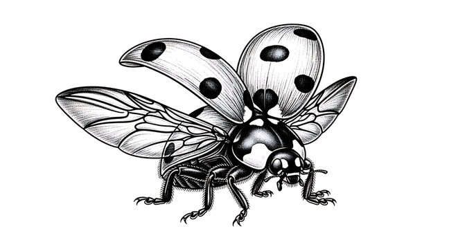 Detailed black and white illustration of a ladybug in flight on transparent background