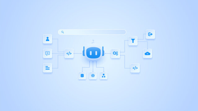 AI workflow automation artificial intelligence. ai agent network diagram connecting node input, processing flow, data, cloud and automation system.