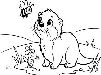 Fototapeta premium Cute Cartoon Baby Otter Looking Up at a Friendly Bee Flying Near a Flower and Grass, Black and White Vector Illustration for Coloring Books and Kids' Activities