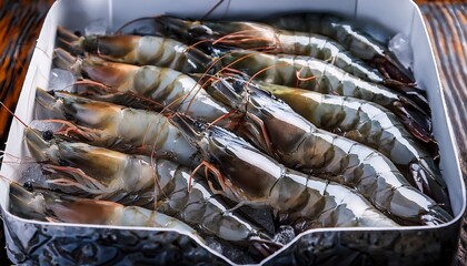 close up of fresh raw frozen glazing black tiger shrimps plased in row packing in box food background food ingredients