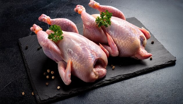 fresh raw meat quails ready for cooking on the slate board