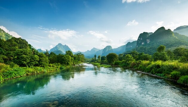 earth day concept beautiful natural scenery of river in southeast asia tropical green forest with mountains in background