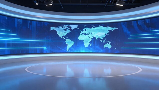 Modern television studio with blue and white lighting and a world map on screen  news broadcast set with sleek curved design and glowing accents